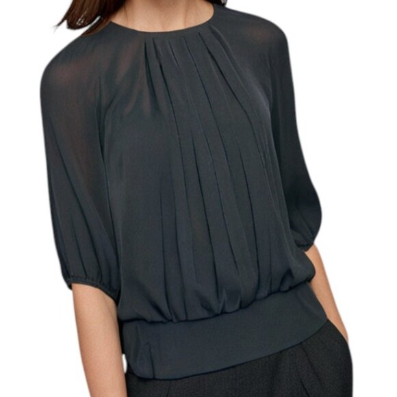 Club Monaco Blouse  Shirred Silk Top Grey Statement Sleeves Women's Extra Small - Picture 1 of 12